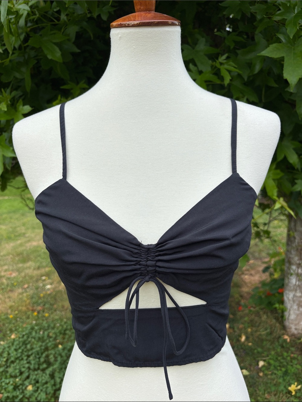 Black Ruched Front Tie Crop Top